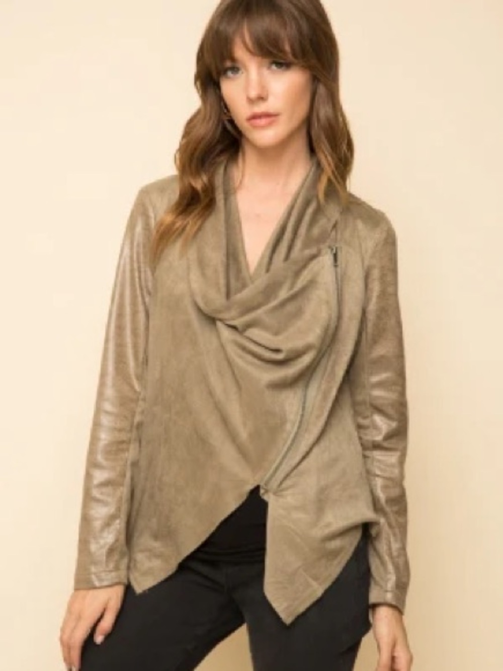 Blank NYC Olive Draped Faux Suede & Leather Jacket